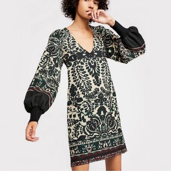 Free People Music & Lyrics Mini Boho Sweater Dress Black Green Combo Size Small - Picture 1 of 14